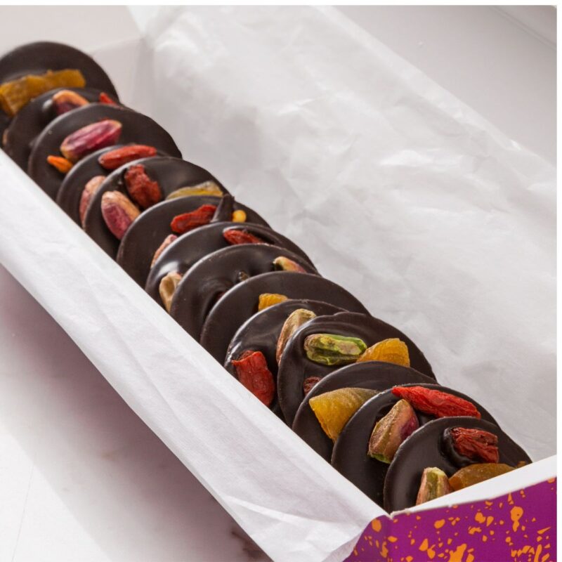 Mendiants, chocolate disks with fruit and nuts